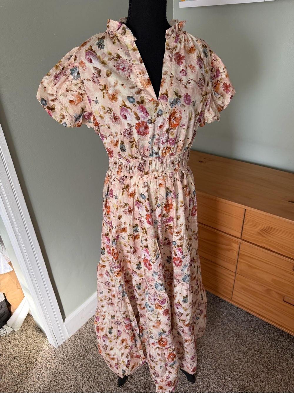 Floral Pink Cream Maxi Dress with Elastic Waist - NWT
